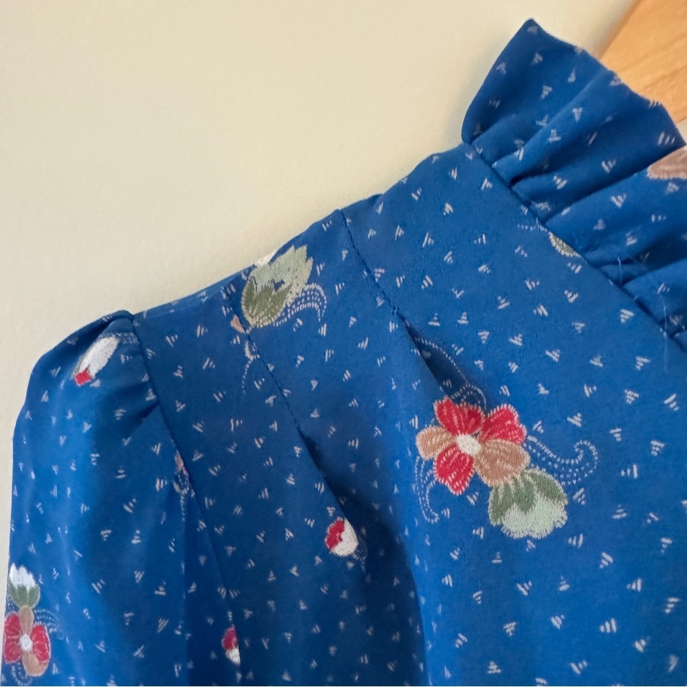 Vintage Tall Girl Prairie Midi Dress Blue Floral Ruffle Collar Size 12 Tall - Picture 7 of 16